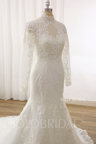 Ivory Mermaid Square Mesh Cotton Lace Cathedral Train Wedding Dress DPP_0017