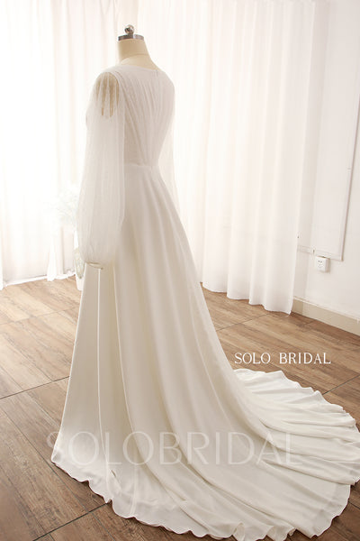 Ivory V neck A Line Long Sleeves Wedding Dress DPP_0008