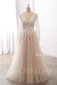 Champagne Blush A Line Long Sleeve Floor Lace Wedding Dress DPP_003