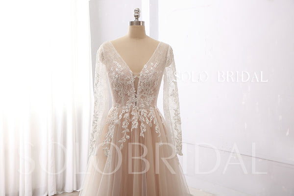 Champagne Blush A Line Long Sleeve Floor Lace Wedding Dress DPP_003