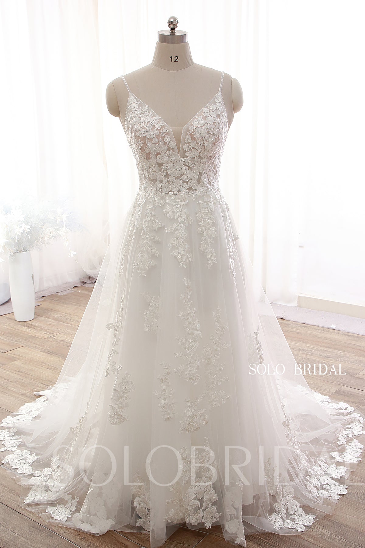 Elegant Ivory A line V neck Rose Lace Wedding Dress DPP_0033