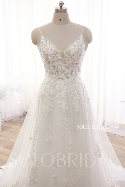 Elegant Ivory A line V neck Rose Lace Wedding Dress DPP_0033