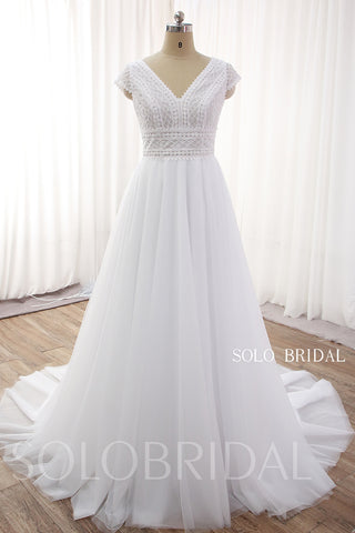 White A line Lace Tulle Wedding Dress with Chapel Train DPP_0035