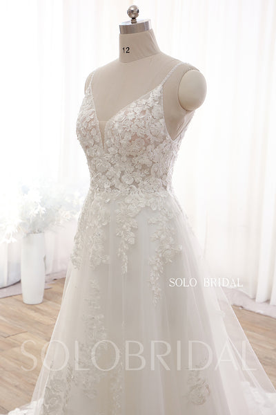 Elegant Ivory A line V neck Rose Lace Wedding Dress DPP_0033