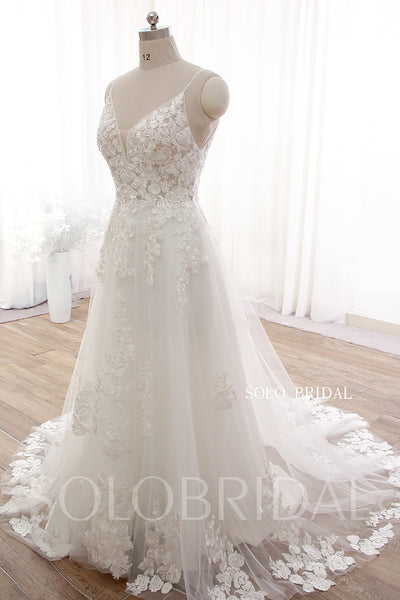 Elegant Ivory A line V neck Rose Lace Wedding Dress DPP_0033