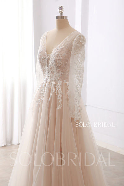Champagne Blush A Line Long Sleeve Floor Lace Wedding Dress DPP_003