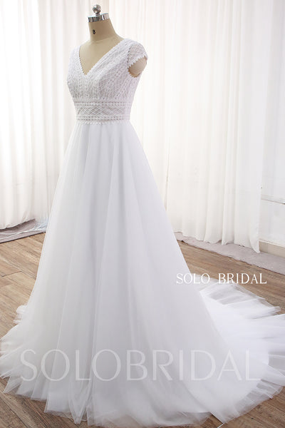 White A line Lace Tulle Wedding Dress with Chapel Train DPP_0035