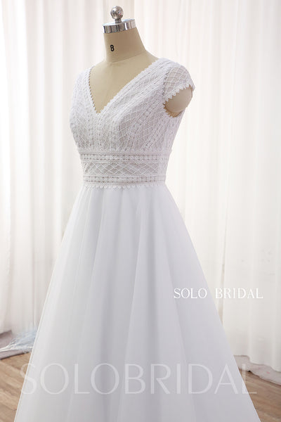 White A line Lace Tulle Wedding Dress with Chapel Train DPP_0035