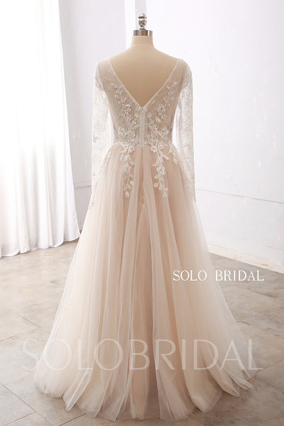 Champagne Blush A Line Long Sleeve Floor Lace Wedding Dress DPP_003