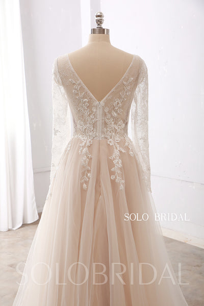 Champagne Blush A Line Long Sleeve Floor Lace Wedding Dress DPP_003