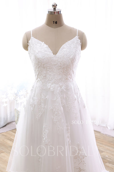 Ivory A line Spaghetti Straps V back Chapel train Wedding Dress DPP_0053