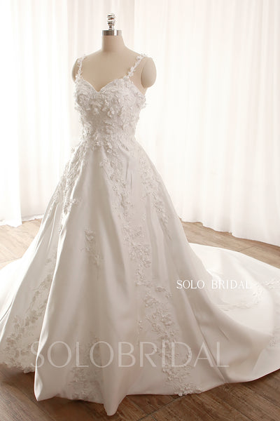 Ivory 3d Flowers Bridal Satin Long Tail Ball Gown Wedding Dress DPP_0058