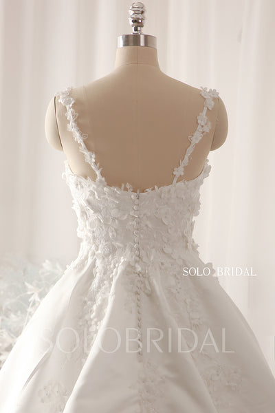 Ivory 3d Flowers Bridal Satin Long Tail Ball Gown Wedding Dress DPP_0058