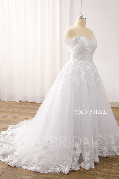 White V Neck Off Shoulder Tulle Ball Gown Corset Wedding Dress DPP_0064