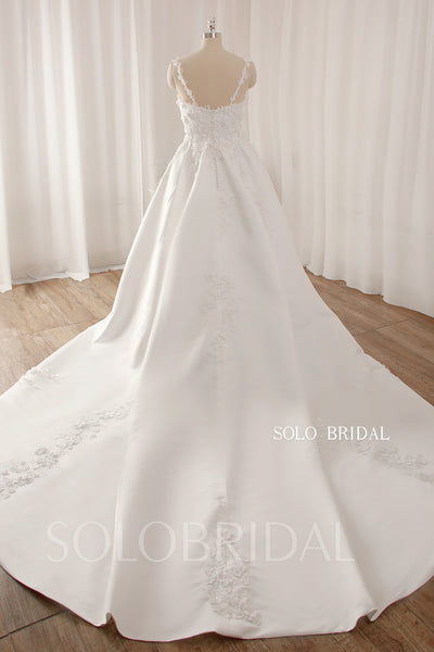 Ivory 3d Flowers Bridal Satin Long Tail Ball Gown Wedding Dress DPP_0058