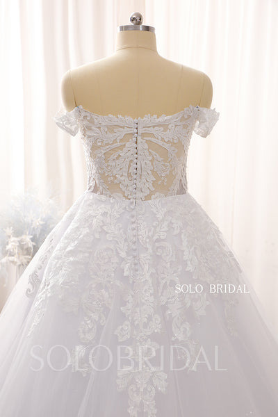 White V Neck Off Shoulder Tulle Ball Gown Corset Wedding Dress DPP_0064