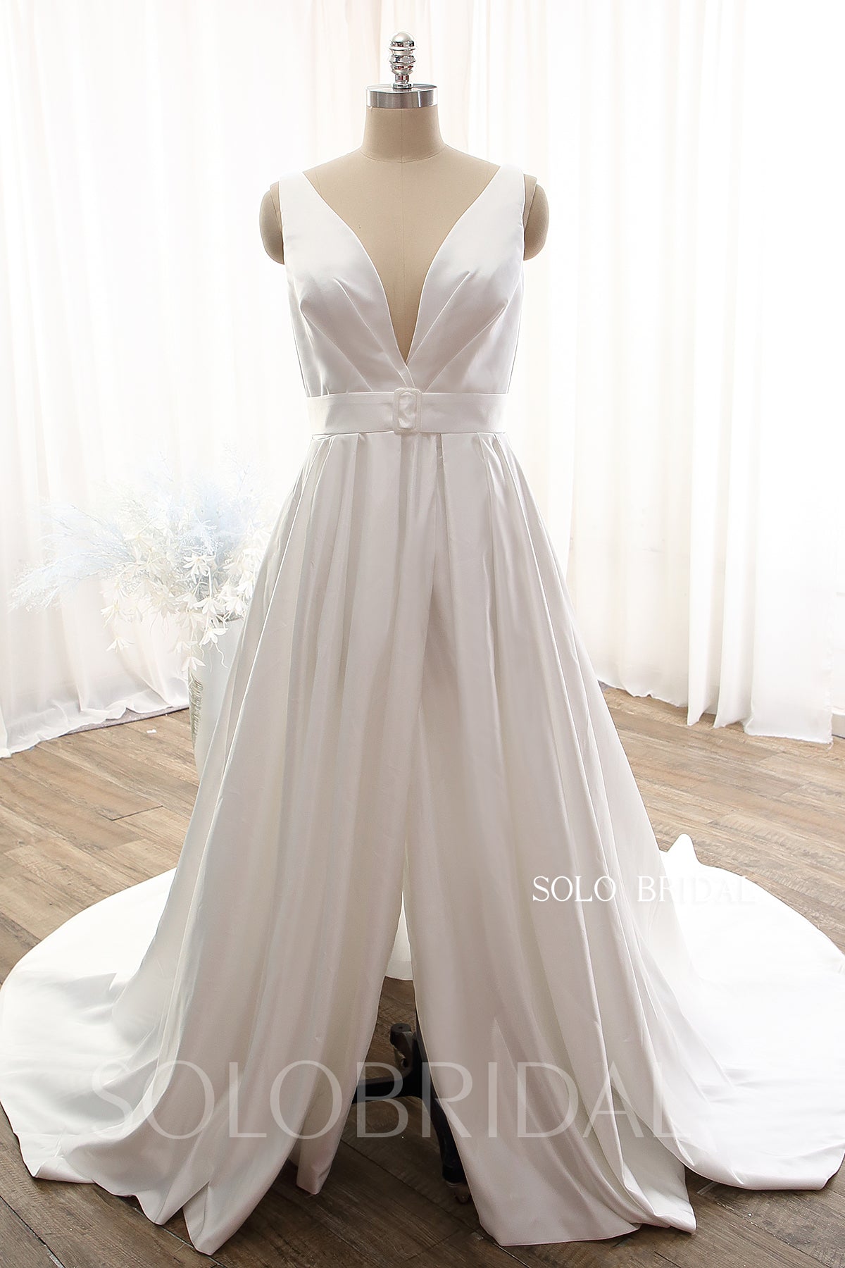 Ivory Bridal Satin A line Split Opening V neck Royal train Wedding Dress DPP_0103