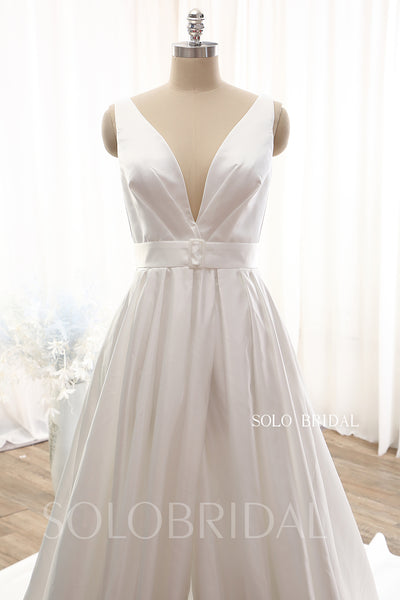 Ivory Bridal Satin A line Split Opening V neck Royal train Wedding Dress DPP_0103