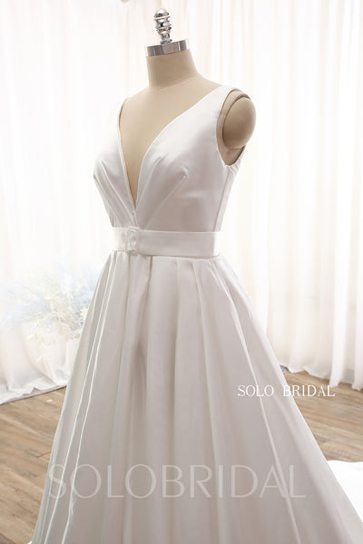 Ivory Bridal Satin A line Split Opening V neck Royal train Wedding Dress DPP_0103