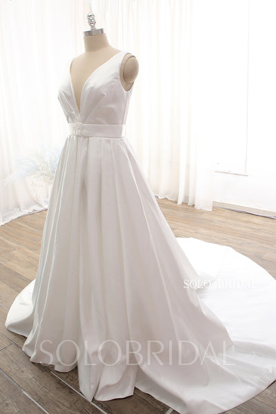 Ivory Bridal Satin A line Split Opening V neck Royal train Wedding Dress DPP_0103