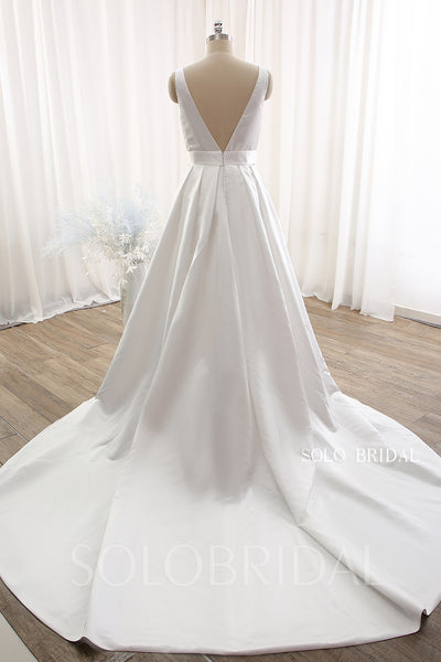 Ivory Bridal Satin A line Split Opening V neck Royal train Wedding Dress DPP_0103