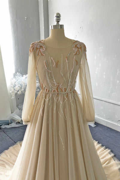 Champagne a line tulle wedding dress IMG_7952