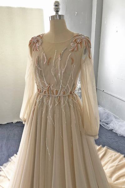 Champagne a line tulle wedding dress IMG_7952