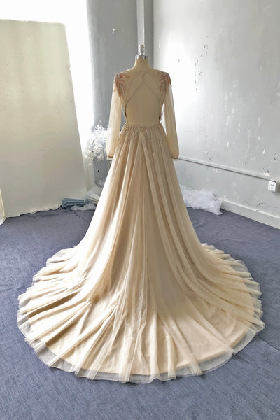 Champagne a line tulle wedding dress IMG_7952