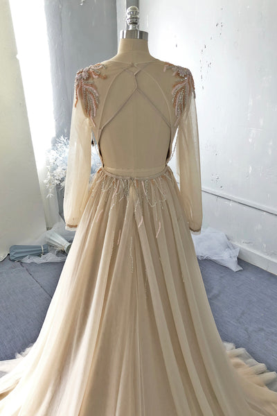Champagne a line tulle wedding dress IMG_7952