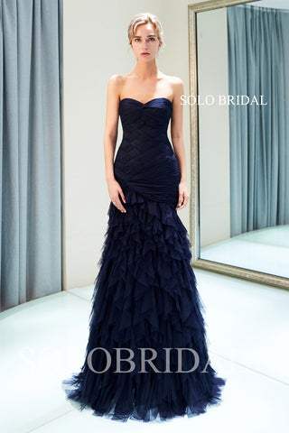 Royal Blue Pleated Tulle Ruffle Prom Dress with Sweep Train