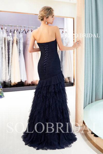 Royal Blue Pleated Tulle Ruffle Prom Dress with Sweep Train
