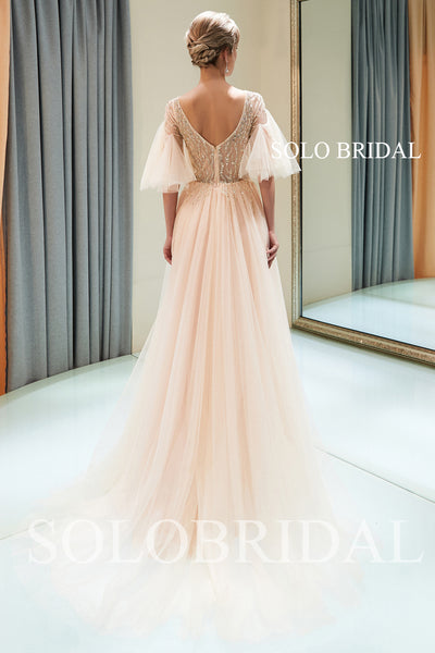 Tulle Split Beaded Prom Dress with Court Train