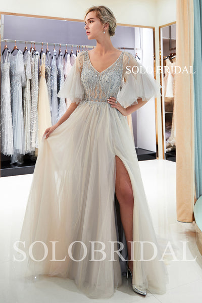 Tulle Split Beaded Prom Dress with Court Train