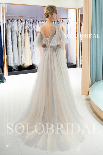 Tulle Split Beaded Prom Dress with Court Train