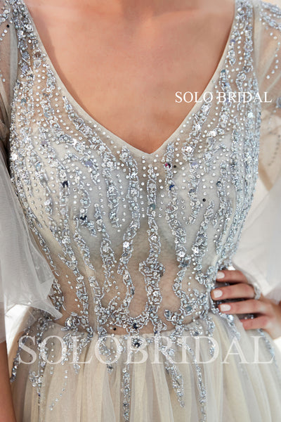 Tulle Split Beaded Prom Dress with Court Train