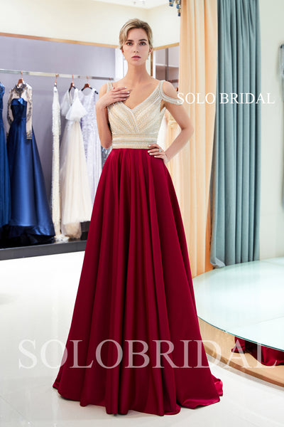 Champagne Red Satin Beaded Prom Dress with Sweep Train