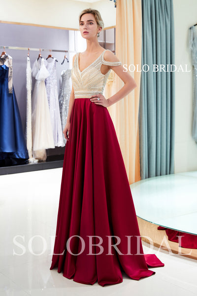 Champagne Red Satin Beaded Prom Dress with Sweep Train