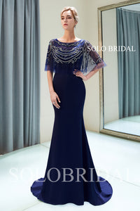 Blue Heavily Beaded Lace Wrap Crepe Prom Dress with Court Train
