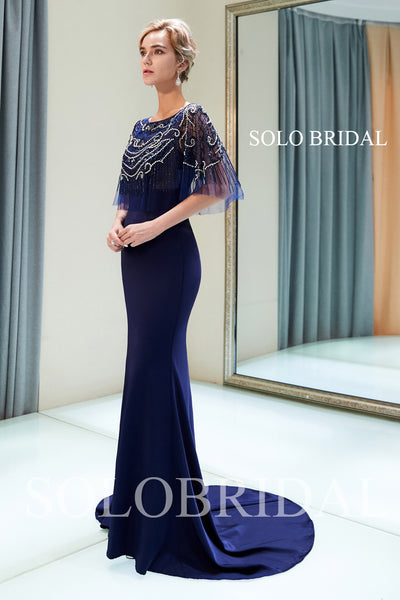 Blue Heavily Beaded Lace Wrap Crepe Prom Dress with Court Train