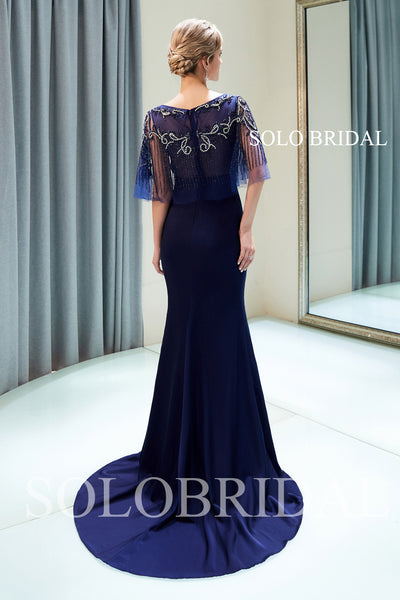 Blue Heavily Beaded Lace Wrap Crepe Prom Dress with Court Train