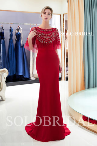 Red Heavily Beaded Lace Wrap Crepe Prom Dress with Court Train