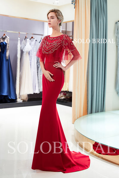 Red Heavily Beaded Lace Wrap Crepe Prom Dress with Court Train