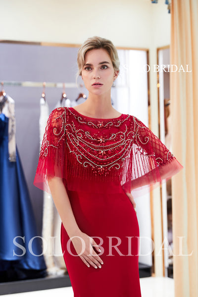 Red Heavily Beaded Lace Wrap Crepe Prom Dress with Court Train