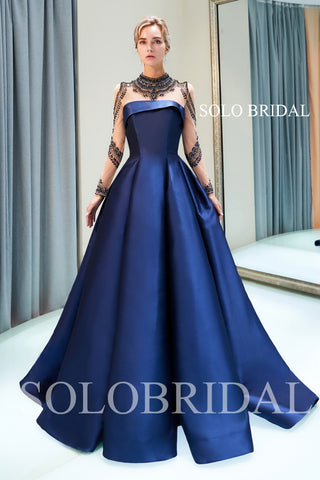 Blue Satin Beaded Top Prom Dress with Court Train