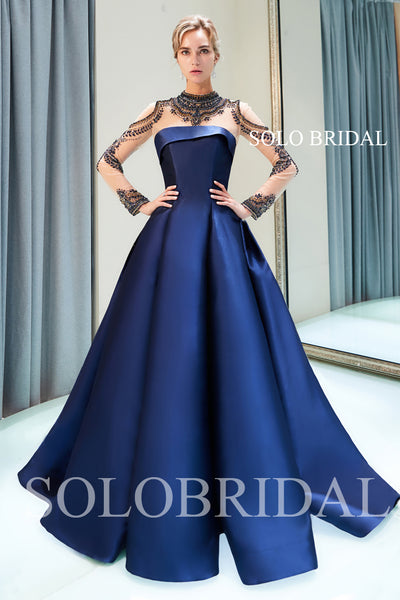 Blue Satin Beaded Top Prom Dress with Court Train