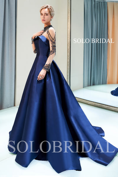 Blue Satin Beaded Top Prom Dress with Court Train