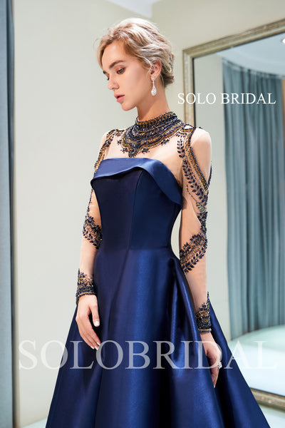 Blue Satin Beaded Top Prom Dress with Court Train
