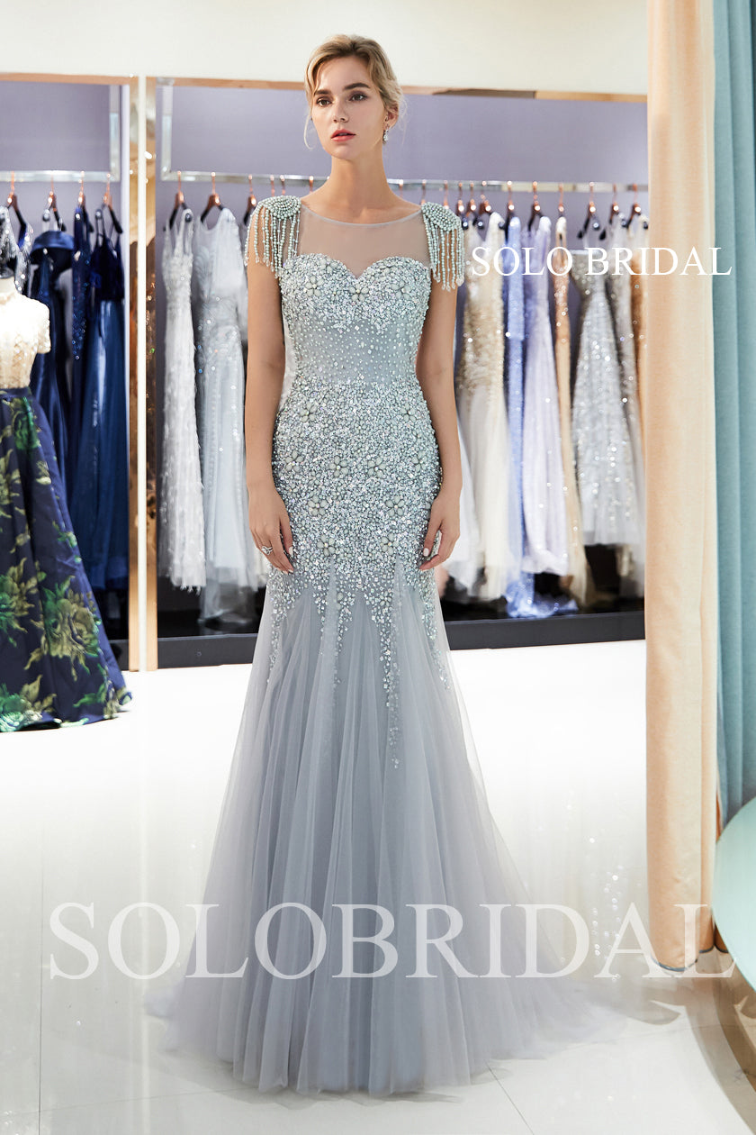 Grey Luxury Fit and Flare Tulle Prom Dress