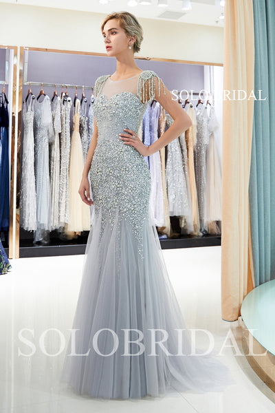 Grey Luxury Fit and Flare Tulle Prom Dress