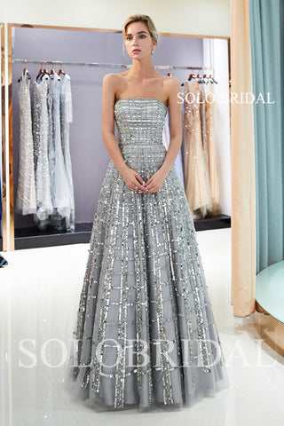 Grey Shiny Square Lace Prom Dress